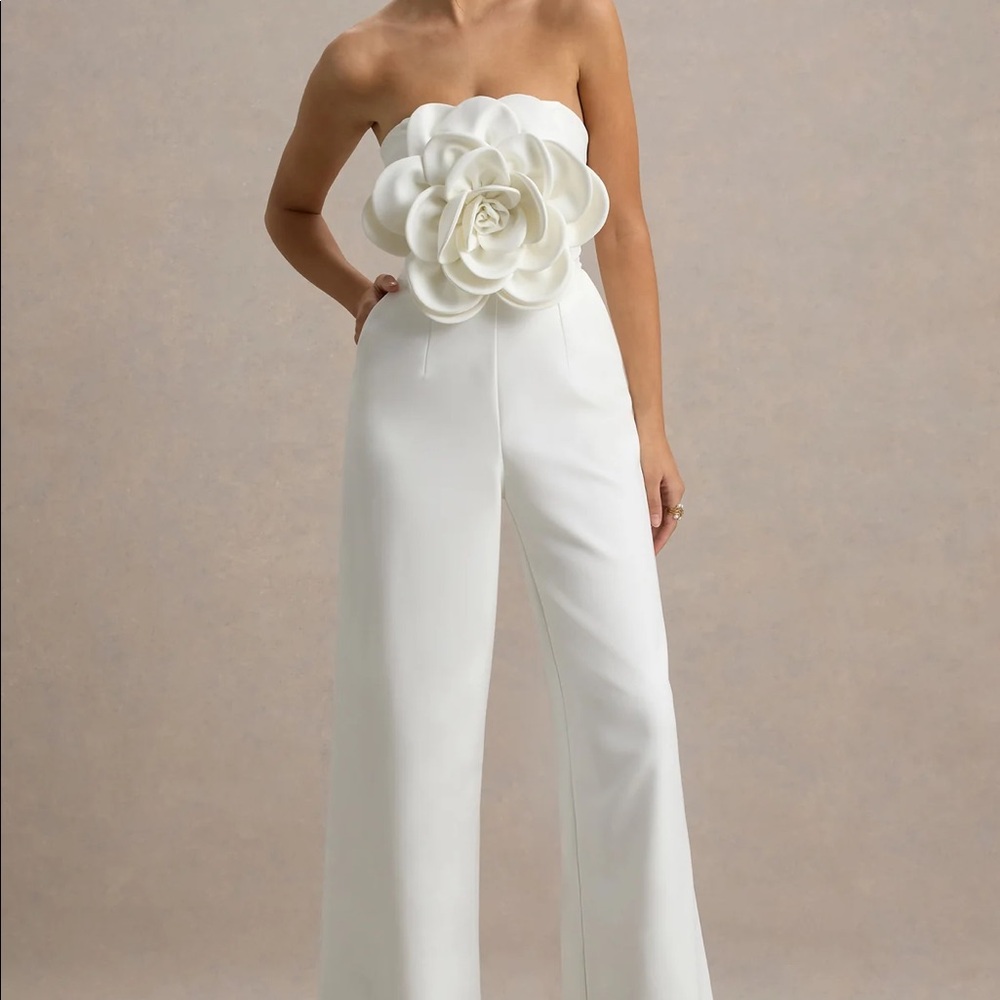 Club L London OPIA Jumpsuit w/ Floral Corsage - White Size 6